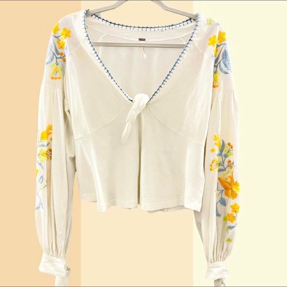 Free People Embroidered Boho Peasant Top XS White - Picture 1 of 6